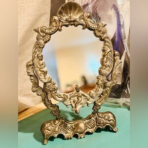 Vintage Ornate Tilting Vanity Mirror Cherub Rococo Silver Tone